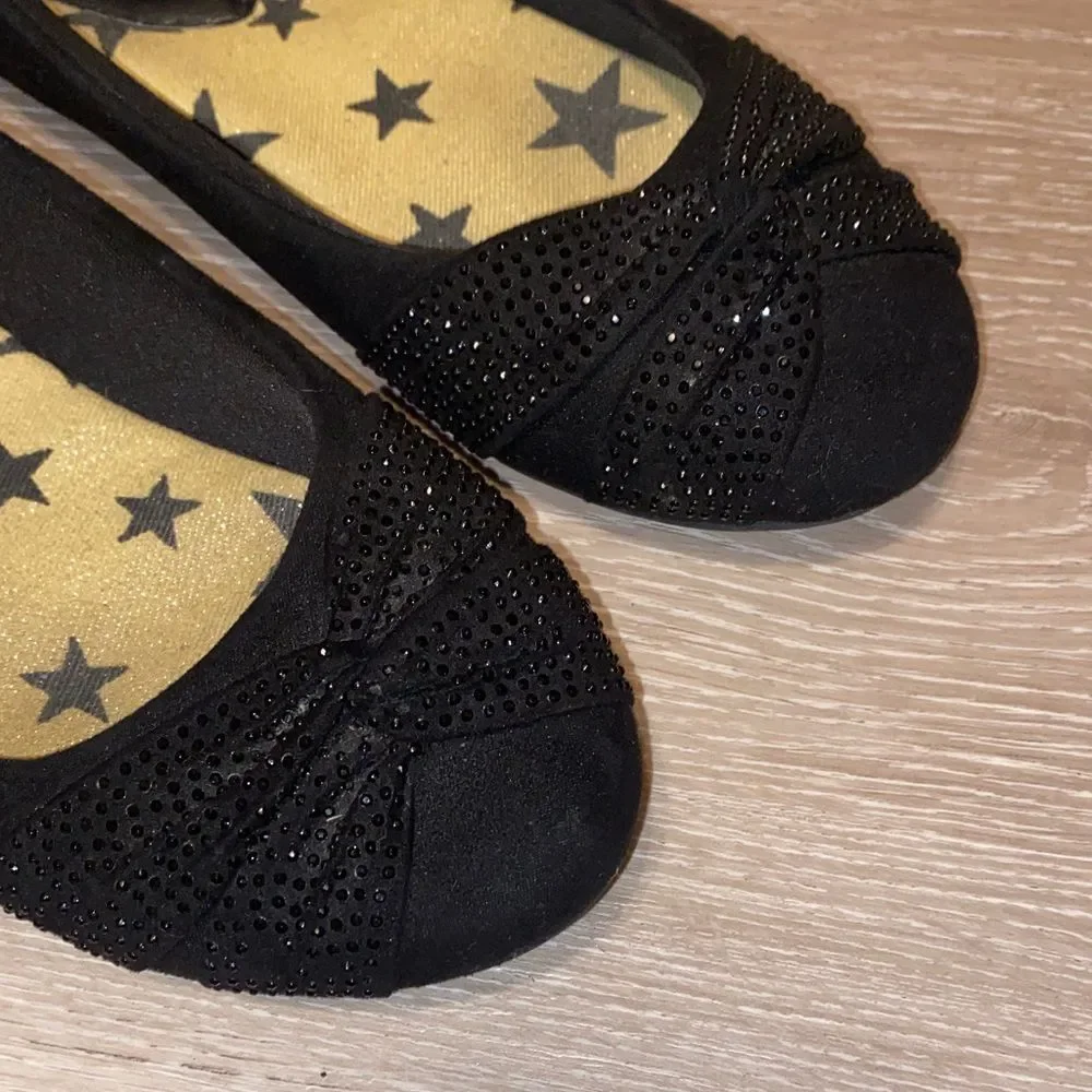 Hot Cakes Girls’ Black Suede Ballet Flats with Rhinestones